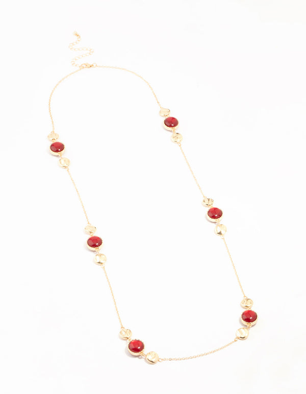 Gold & Red Bead Long Necklace