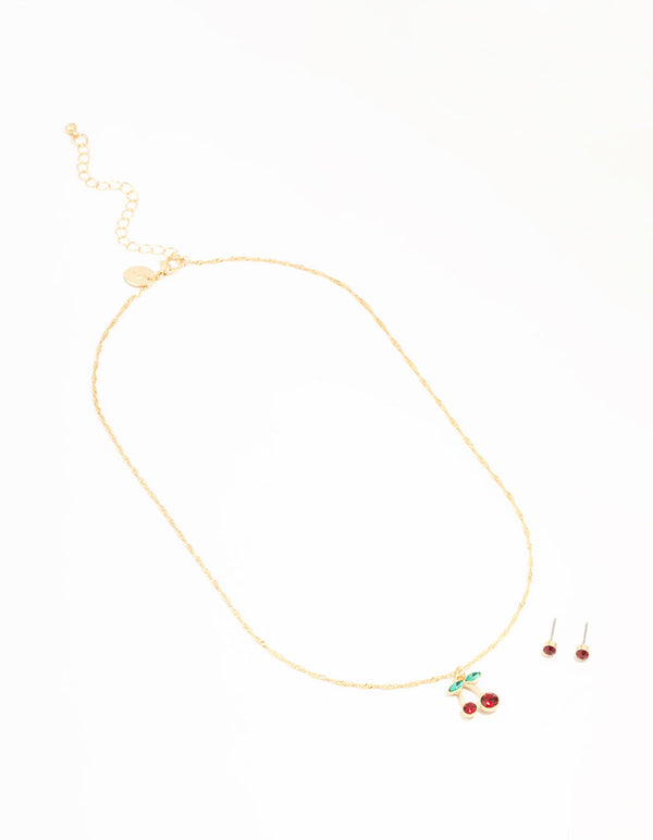 Gold Cherry Necklace & Red Diamante Earrings Set