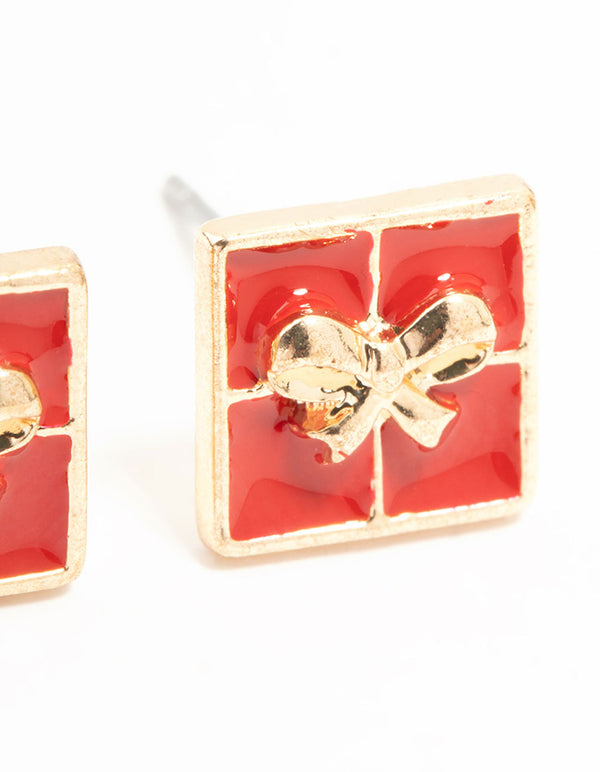 Red Enamel Present Gold Stud Earrings