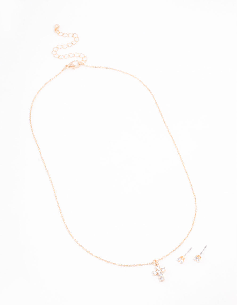 Gold Cubic Zirconia Cross Necklace & Earring Set