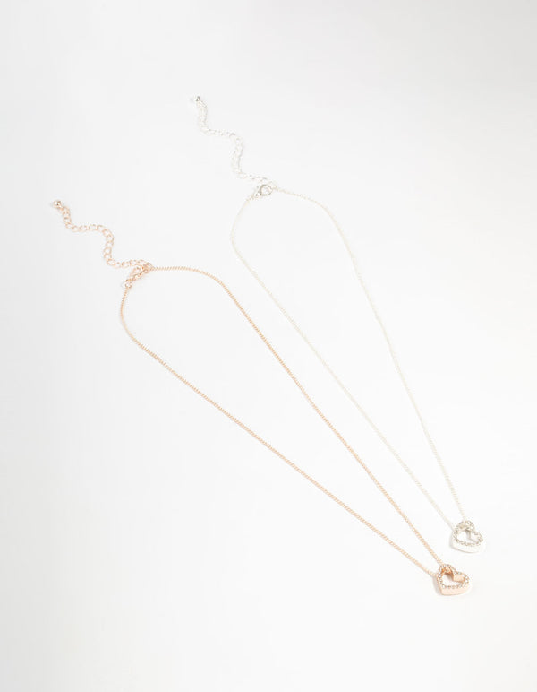 Mixed Metals Diamante Side Heart Necklaces 2-Pack