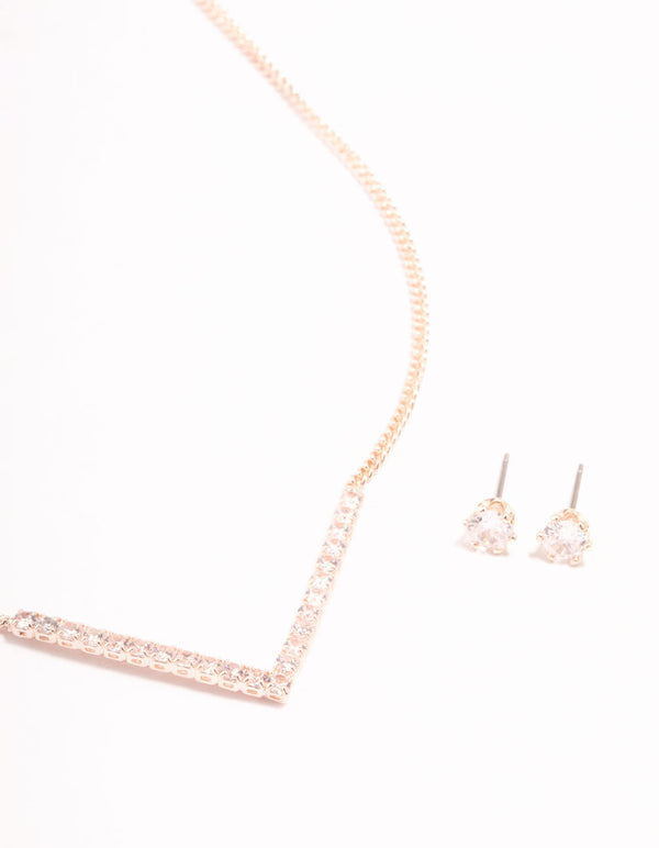 Rose Gold Cubic Zirconia V Necklace & Stud Earrings Set