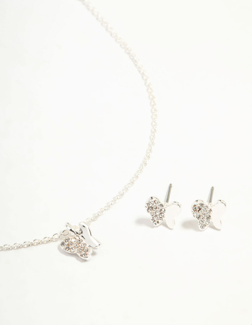 Silver Plated Diamante Butterfly Necklace & Stud Earrings Set
