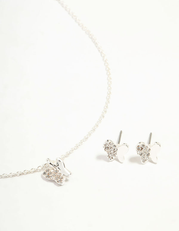Silver Plated Diamante Butterfly Necklace & Stud Earrings Set