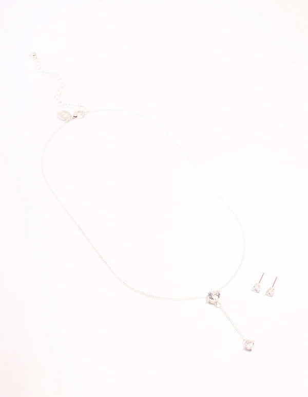 Silver Diamante Y-Necklace & Stud Earrings Set