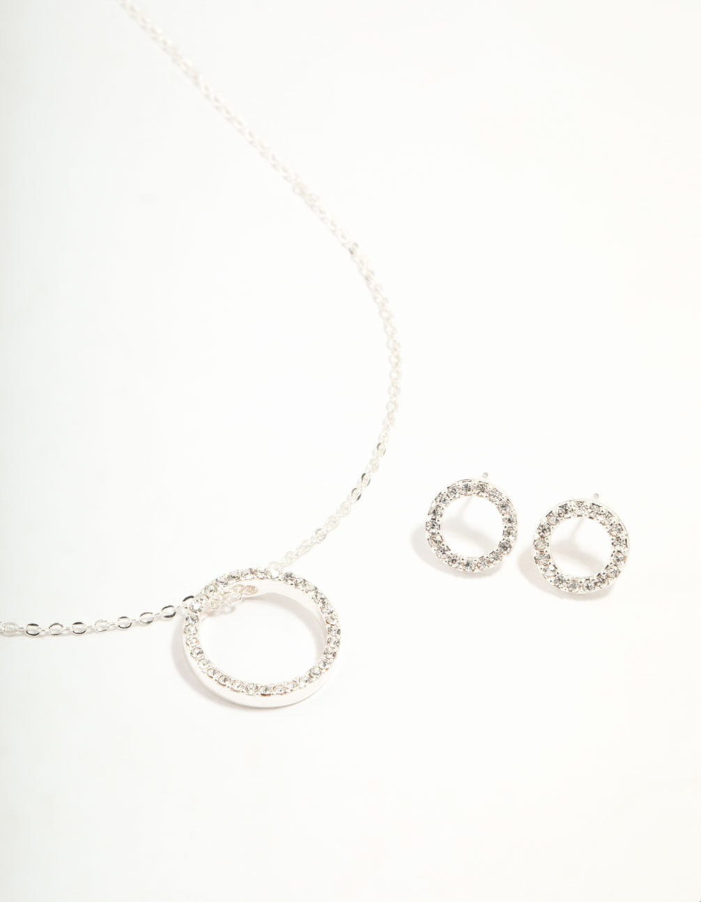 Silver Diamante Open Circle Necklace & Stud Earrings Set