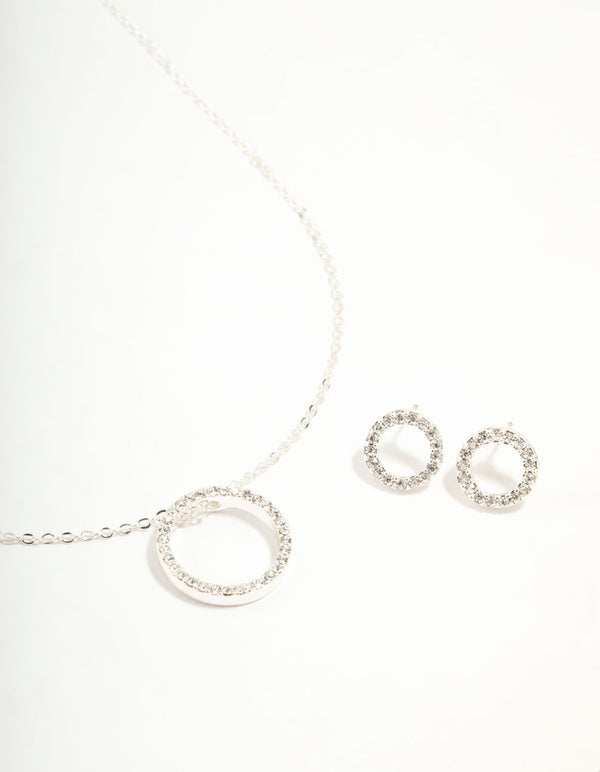 Silver Diamante Open Circle Necklace & Stud Earrings Set