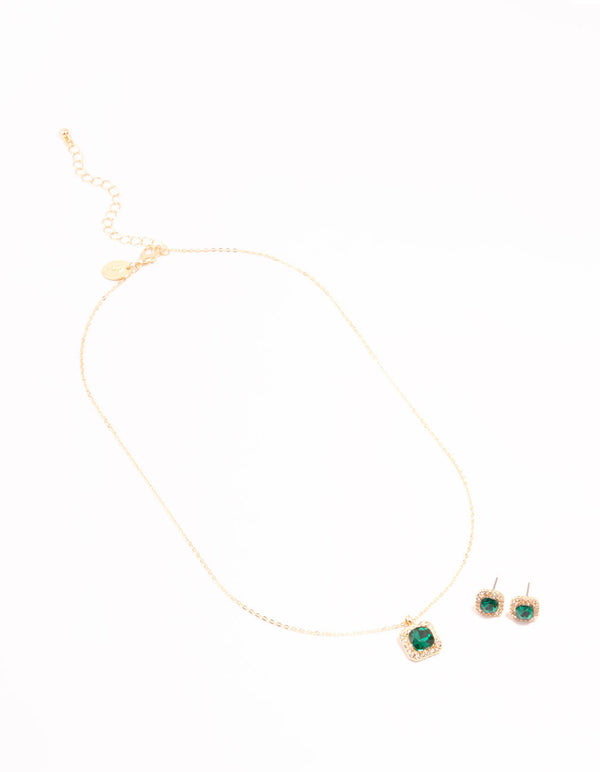 Green Diamante Square Halo Gold Necklace & Stud Earrings Set