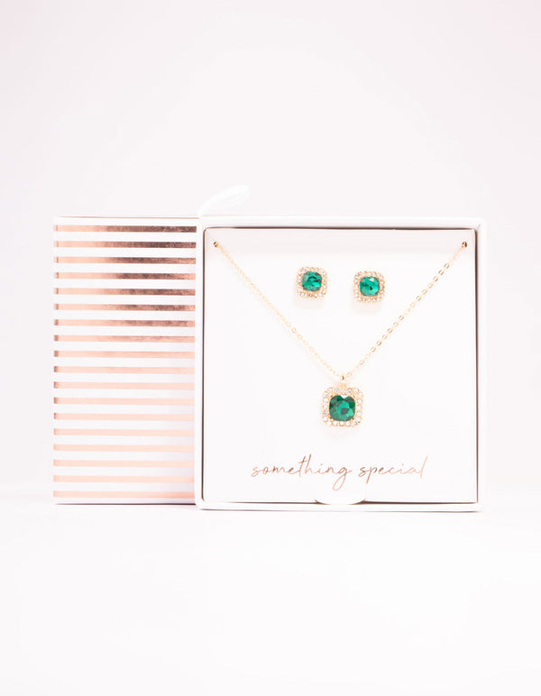 Green Diamante Square Halo Gold Necklace & Stud Earrings Set
