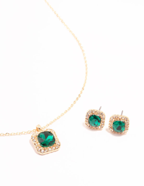 Green Diamante Square Halo Gold Necklace & Stud Earrings Set