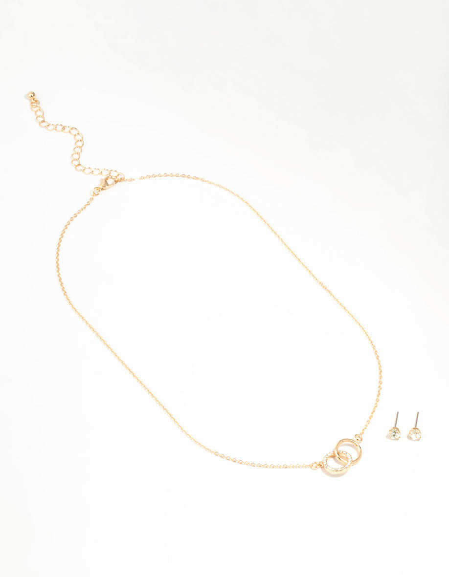 Gold Linked Circle Necklace & Stud Earrings Set