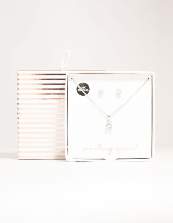 Silver Cubic Zirconia Solitaire Necklace & Stud Earrings Set