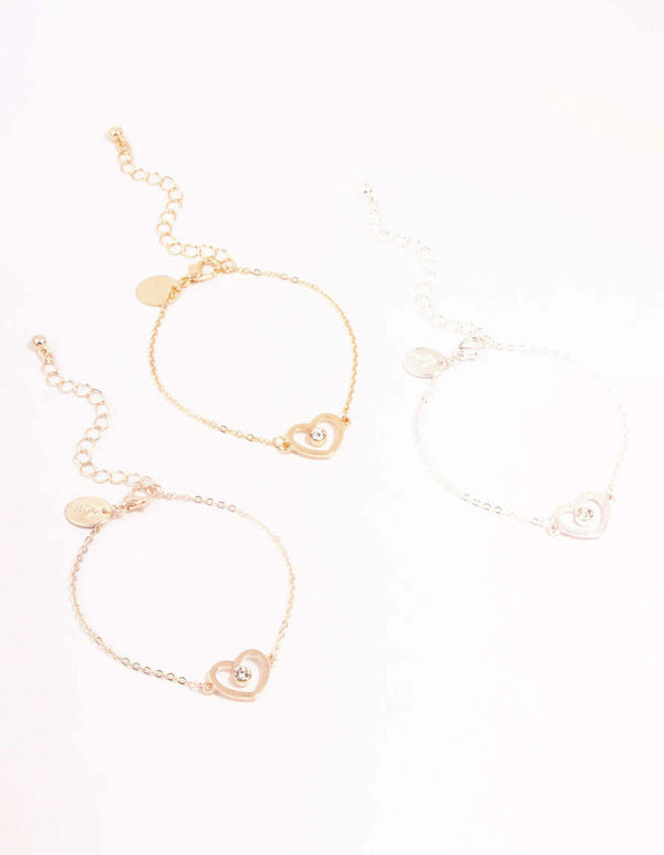 Mixed Metals Diamante Heart Outline Bracelets 3-Pack
