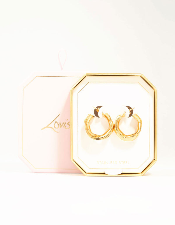 Waterproof Gold Plated Stainless Steel Molten Hoop Earrings