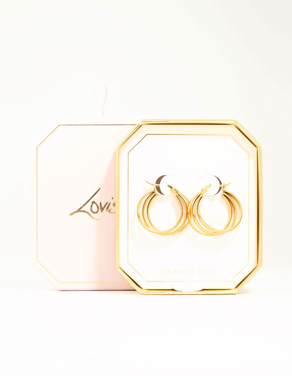 Waterproof Gold Plated Stainless Steel Triple Imitation Hoop Earrings