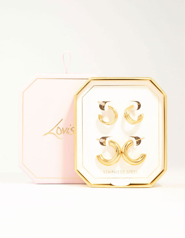 Waterproof Gold Plated Stainless Steel C Shaped Hoop Earrings 2-Pack