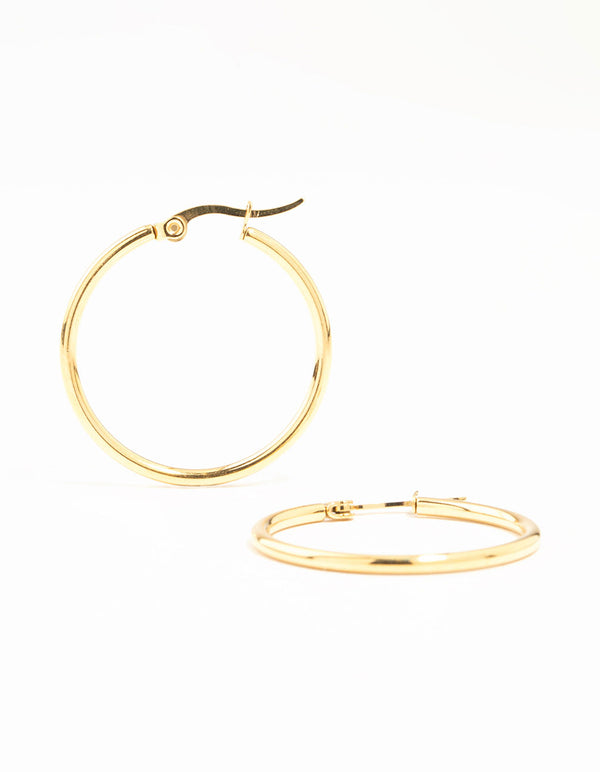 Featuring waterproof gold plated stainless steel fine hoop earrings front view