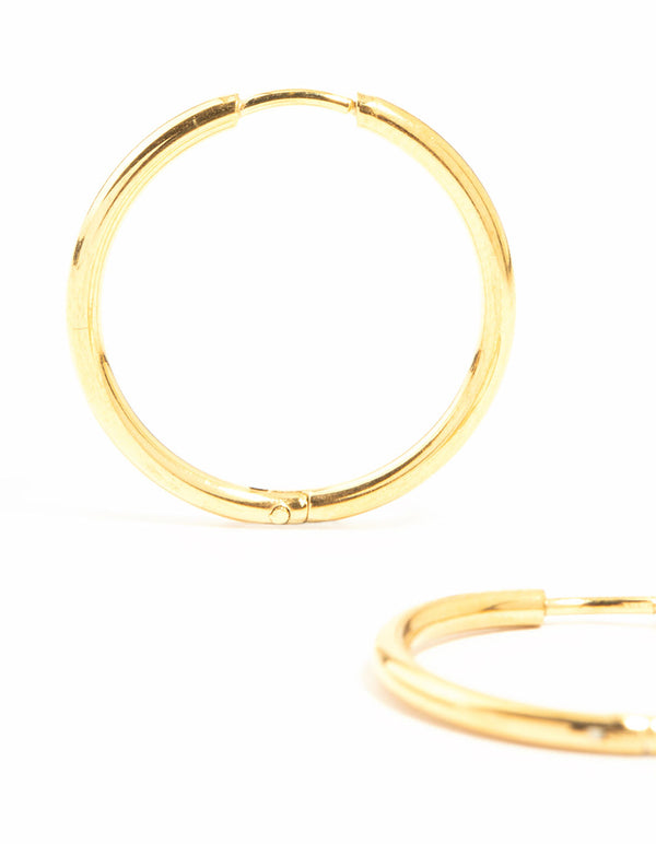 Detailed view of waterproof gold plated stainless steel fine hoop earrings with closure mechanism close up view