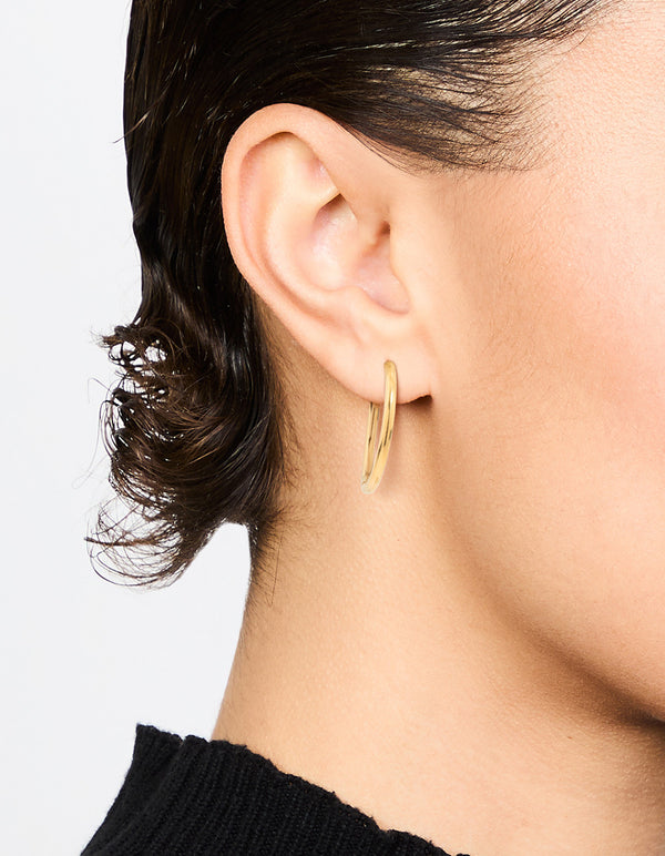 Showcasing waterproof gold plated stainless steel fine hoop earrings on ear view