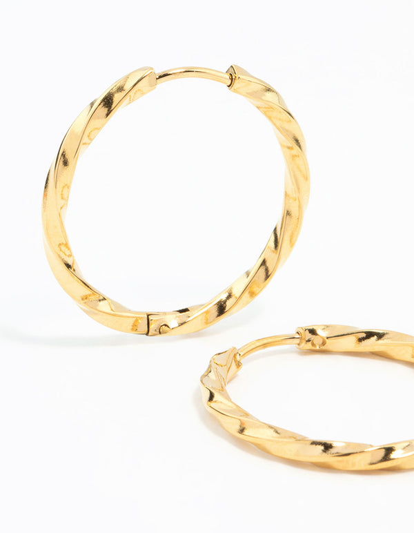 Highlighting waterproof gold plated stainless steel twisted hoop earrings with closure detail close up view