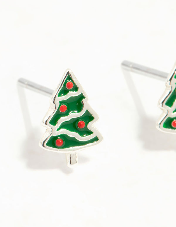 Green Enamel Sterling Silver Christmas Tree Stud Earrings