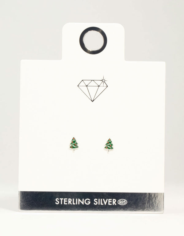 Green Enamel Sterling Silver Christmas Tree Stud Earrings