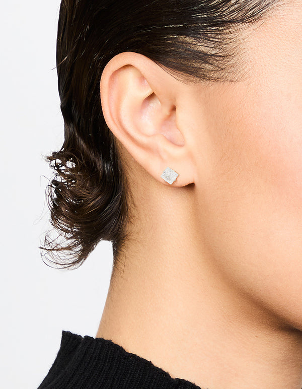 Explore waterproof diamante stainless steel stud earrings featuring princess cut stones in silver and clear on ear view