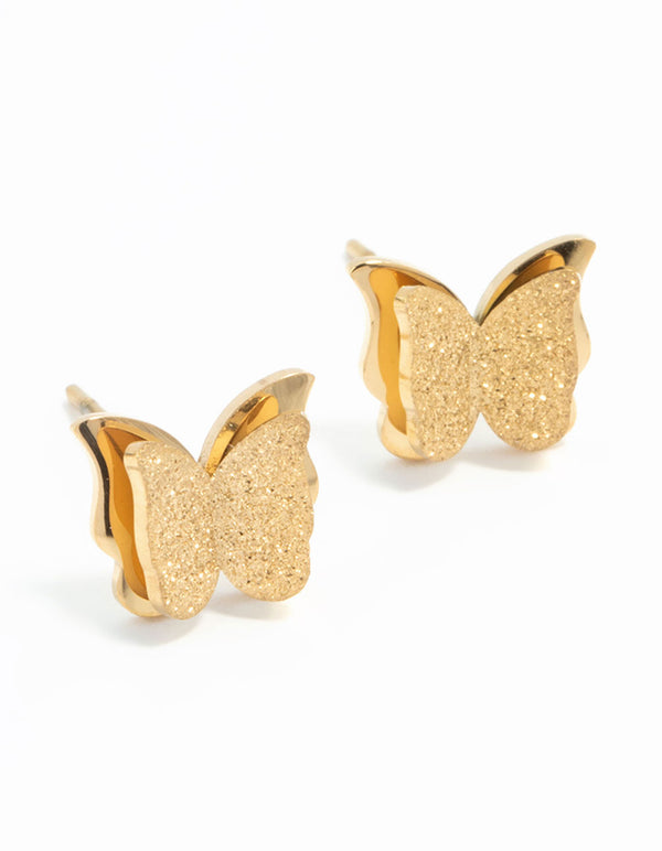 Showcasing butterfly stud earrings featuring glitter texture in waterproof gold plated stainless steel front view