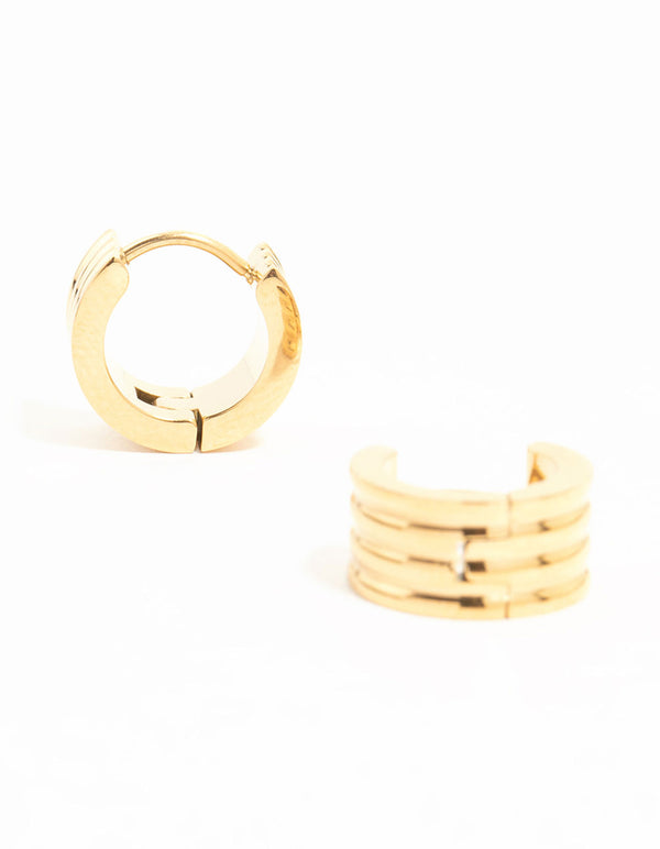 Showcasing waterproof gold plated stainless steel ribbed huggie earrings front view