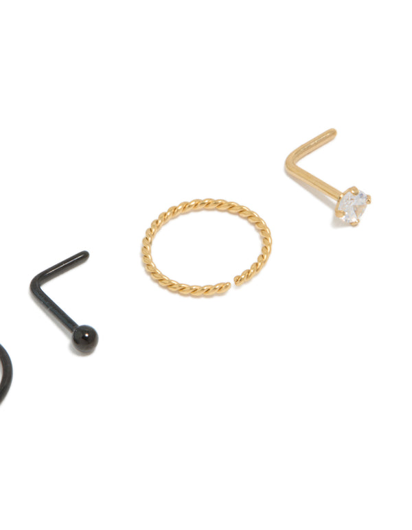 Highlighting mixed metal plated surgical steel diamante twist nose rings and studs 4-pack with ball details, stud closure, and gold finish detail view
