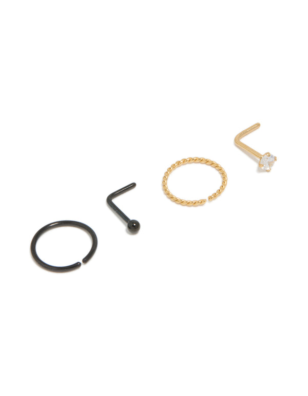 Featuring a mixed metal plated surgical steel diamante twist nose rings and studs in a 4-pack with ball details, stud closure, and gold accents front view
