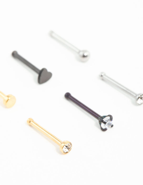 Mixed Metals Heart & Diamante Nose Studs 6-Pack