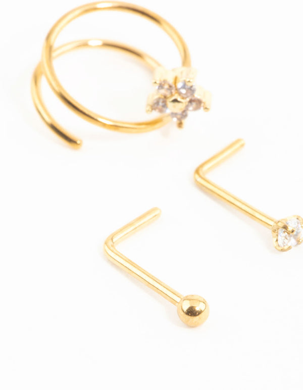Gold Plated Surgical Steel Mini Cubic Zirconia Flower Nose Stud & Ring 3-Pack