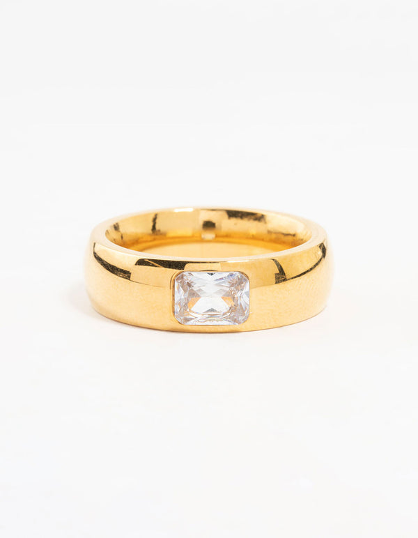 Waterproof Gold Plated Stainless Steel Wide Band Cubic Zirconia Ring
