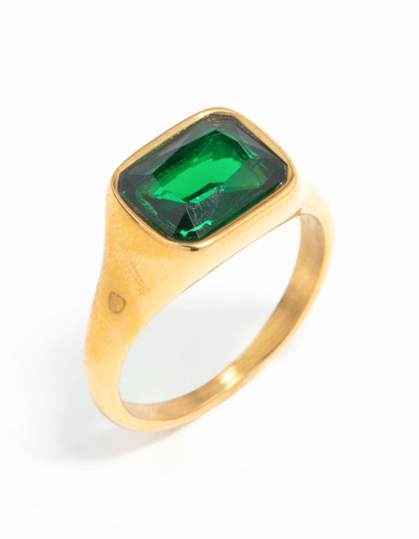 Featuring waterproof gold plated stainless steel green cubic zirconia signet ring with crystal accents side detail view