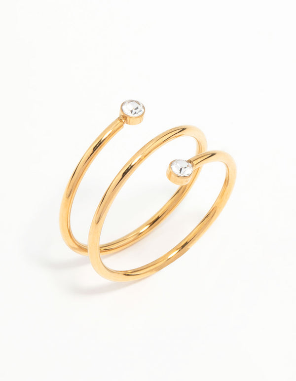 Crafted from waterproof gold plated stainless steel, this diamante coil ring side detail view
