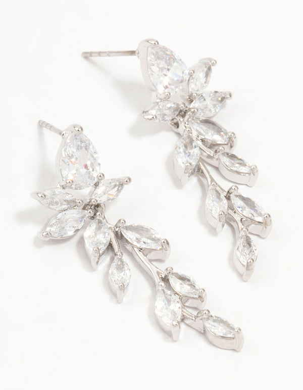 Cubic Zirconia Dainty Leaf Silver Drop Earrings