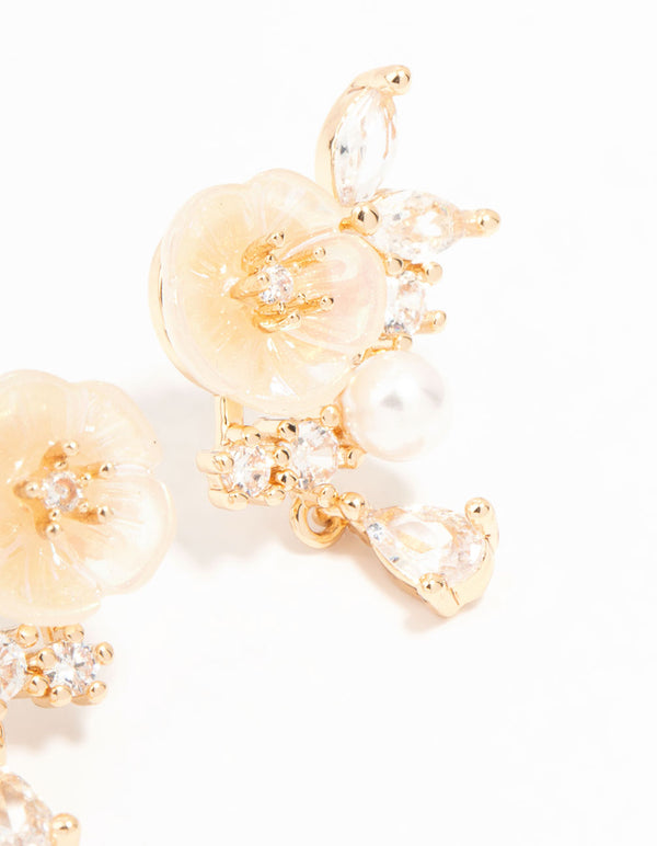 Gold Cubic Zirconia Flower Stud Earrings