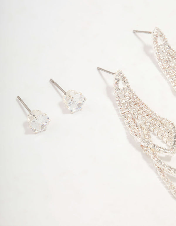 Silver Cubic Zirconia Cupchain Drop & Stud Silver Earrings Set