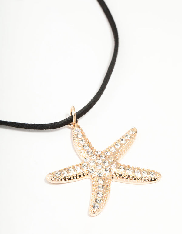 Gold Diamante Starfish Cord Necklace