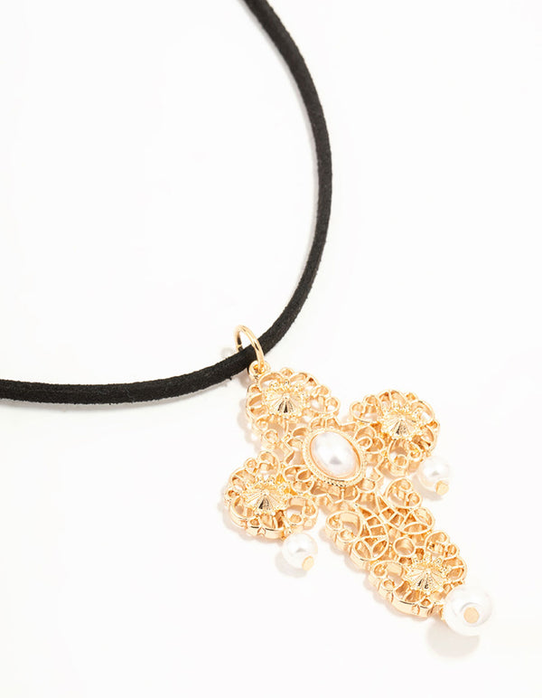 Gold Pearl Drop Cross Cord Necklace
