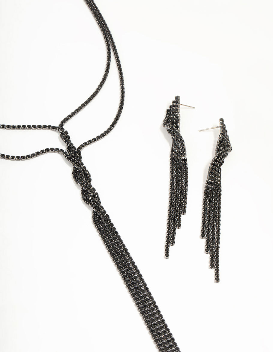 Black Diamante Double Chain Twisted Necklace & Earrings Set