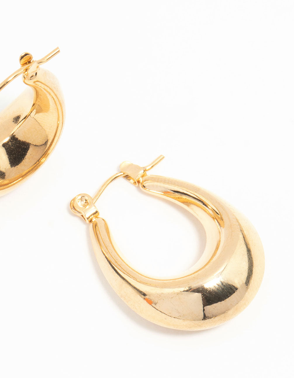 Designed with waterproof gold plated stainless steel mini full loop hoop earrings in gold post detail view