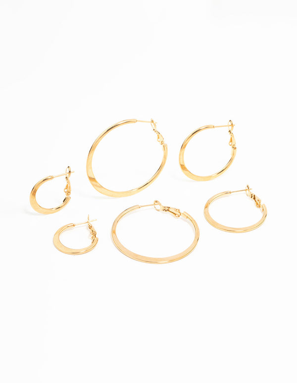 Showcase of waterproof thin hoop earrings crafted from gold plated stainless steel in a 3-pack front view
