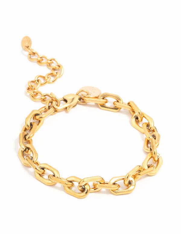 Showcasing a waterproof gold plated stainless steel thick chain bracelet front view