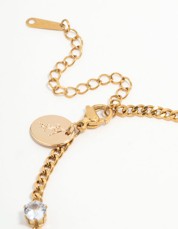 Elegantly designed waterproof gold plated stainless steel station bracelet featuring cubic zirconia closure detail view