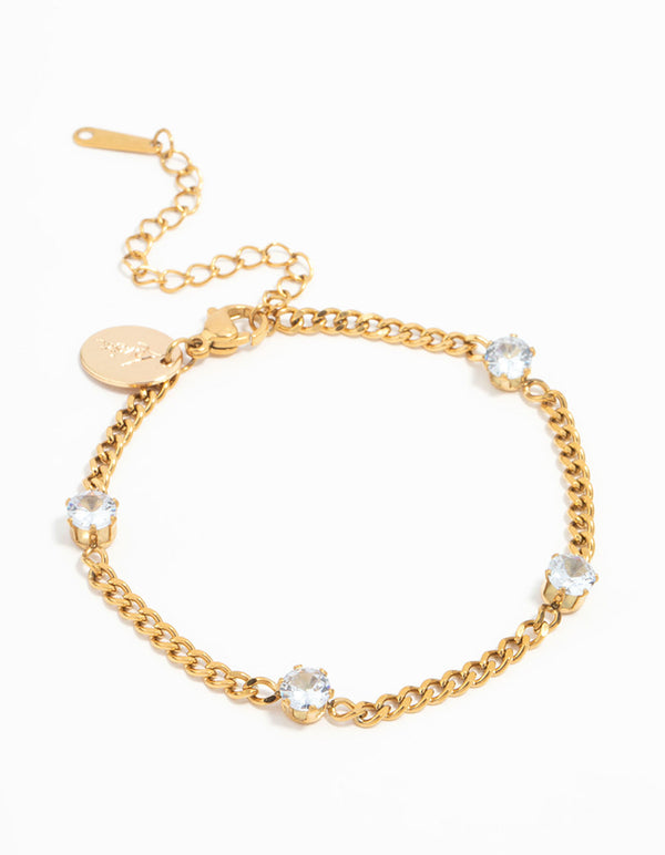 Showcasing a waterproof station bracelet in gold plated stainless steel with cubic zirconia stones front view