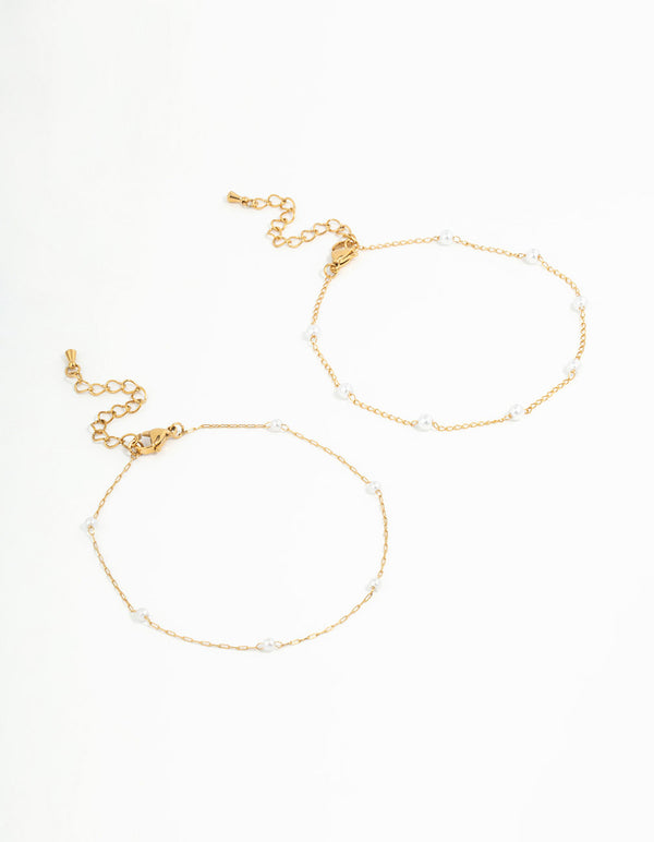 Beautifully crafted waterproof station anklets with pearl accents in gold plated stainless steel 2-pack front view