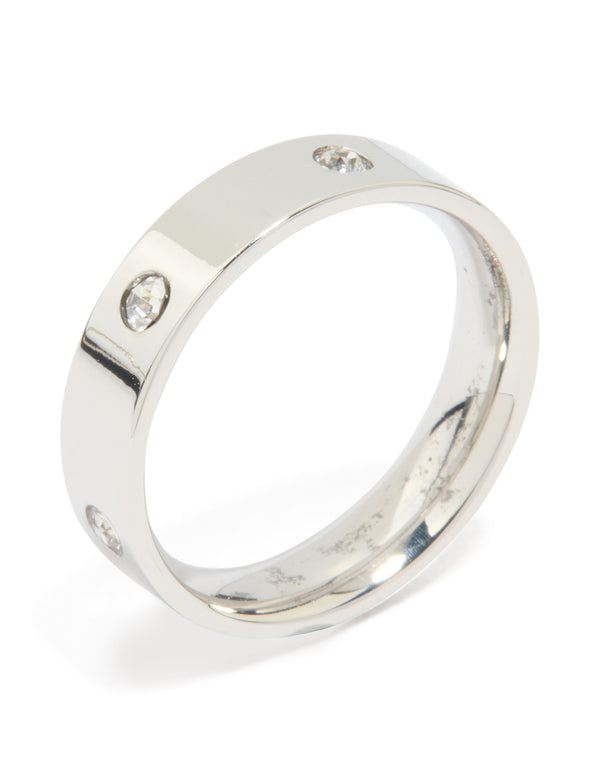 Discover this waterproof stainless steel cubic zirconia cocktail band ring featuring statement design in silver and clear stone side detail view
