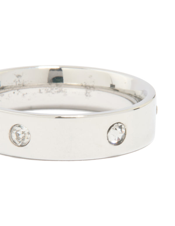 Explore this waterproof stainless steel cubic zirconia cocktail band ring with statement styling in silver and clear stone close up view